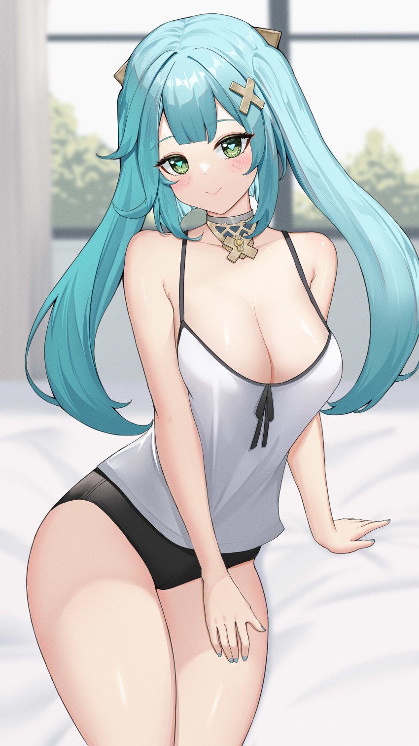 1girls alternate_version_available big_breasts black_shorts blush bottomwear breasts cleavage faruzan_(genshin_impact) female female_only genshin_impact green_eyes nail_polish nails neckwear short_shorts smile solo solo_female tank_top teal_hair teal_nail_polish teal_nails thighs topwear twintails uka_(315302627) white_tank_top