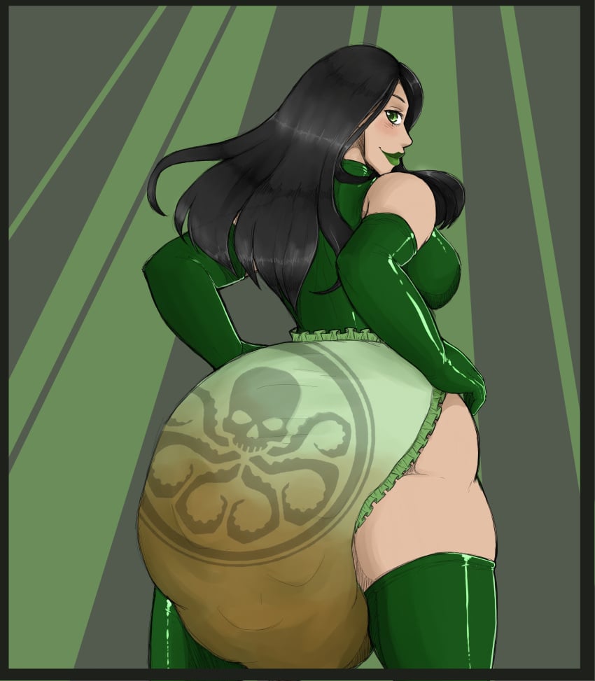 1girls angeldark back_view big_breasts black_hair breasts diaper female green_lipstick hydra_(marvel) latex latex_gloves long_hair madame_hydra marvel marvel_comics messy_diaper scat soiling thick_thighs thighs