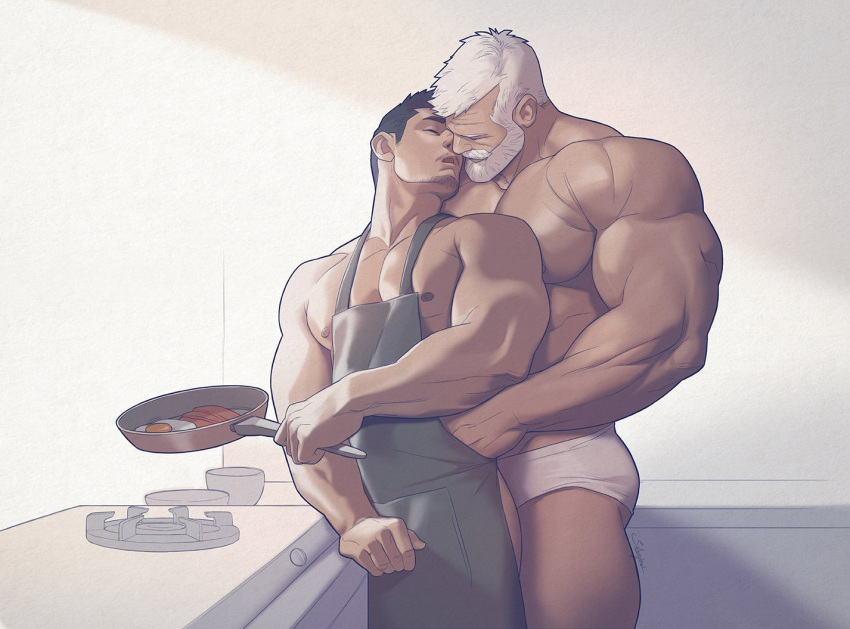 2boys age_difference beard bearded big_arms cooking kitchen large_pectorals male male_only muscle muscles muscular muscular_arms old_man older_male pecs pectorals silverjow taller_male twitter_user_oc ulric_(silverjow) wei_(silverjow) white_hair