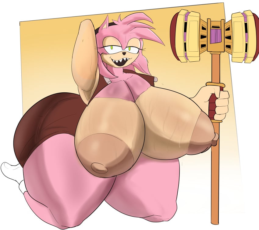 absurd_res amy_rose anthro areola armpits ass big_areola big_breasts big_butt bodily_fluids breasts claws clothed clothing female female/female hi_res huge_breasts huge_butt hyper hyper_breasts hyper_butt narrowed_eyes partially_clothed sega sharp_claws simple_background solo sonic_(series) sonic_the_hedgehog_(series) sweat thick_thighs timewastedo weapon wide_hips