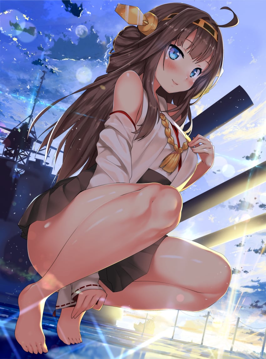 10s 1girls ahoge bad_id bad_pixiv_id bangs barefoot blunt_bangs blurry bokeh day depth_of_field feet female female_only hair_bun highres kantai_collection kawai_(purplrpouni) kongou_(kantai_collection) legs_apart looking_at_viewer outdoors single_hair_bun solo squatting sunlight thighs toes