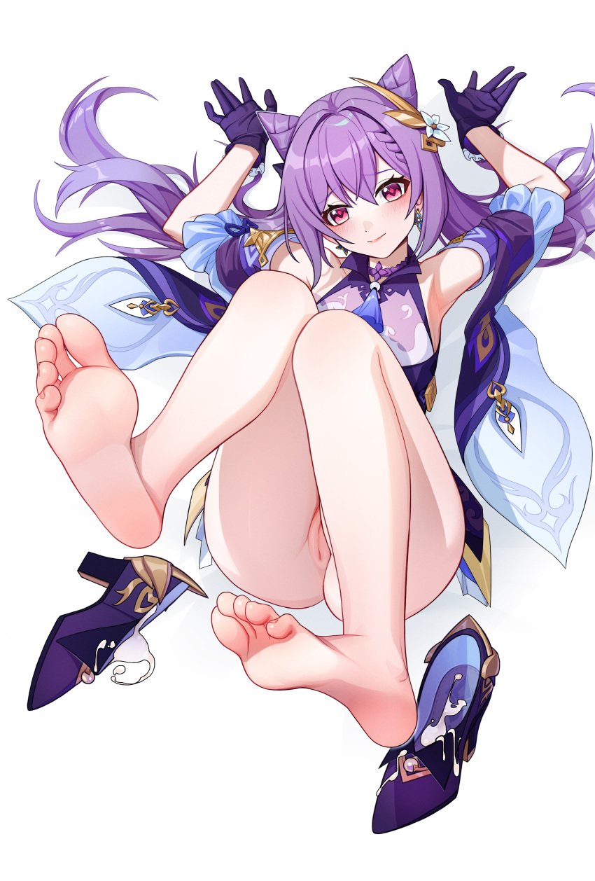 absurdres armpits bangs bare_legs barefoot blush breasts chinese_commentary choker commentary_request cone_hair_bun cum cum_in_shoe detached_sleeves diamond-shaped_pupils diamond_(shape) double_bun feet female flower foot_focus foreshortening frilled_gloves frills full_body genshin_impact gloves hair_bun hair_ears hair_ornament high_heels highres jiachong_jun_z keqing_(genshin_impact) knees_together_feet_apart leaning_back legs long_hair looking_at_viewer pink_eyes purple_choker purple_gloves purple_hair pussy shadow shoes shoes_removed sidelocks sleeveless soles solo symbol-shaped_pupils thighs toenails toes white_background white_flower