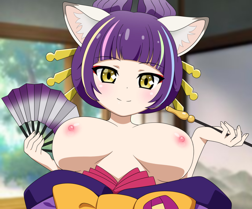 animal_humanoid areola asian_clothing big_breasts blush breasts cat_humanoid clothing daru_dayu daru_dayu_(show_by_rock!!) east_asian_clothing exposed_breasts felid felid_humanoid feline feline_humanoid female hair hi_res huge_breasts humanoid japanese_clothing kimono kiseru kyodori_(oyogume) mammal mammal_humanoid multicolored_hair nipples purple_hair sanrio short_hair show_by_rock!! solo yellow_eyes