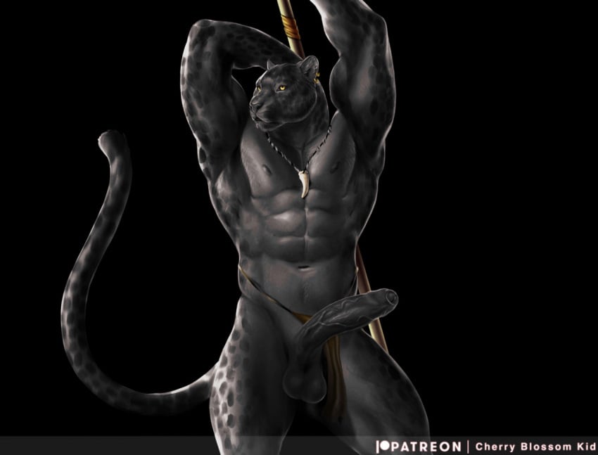 anthro black_body black_fur bottomwear bottomwear_aside cherry_blossom_kid clothing clothing_aside erection felid fur hands_behind_head jewelry loincloth loincloth_aside male mammal muscular muscular_male necklace panthera pantherine solo tribal tribal_jewelry tribal_necklace