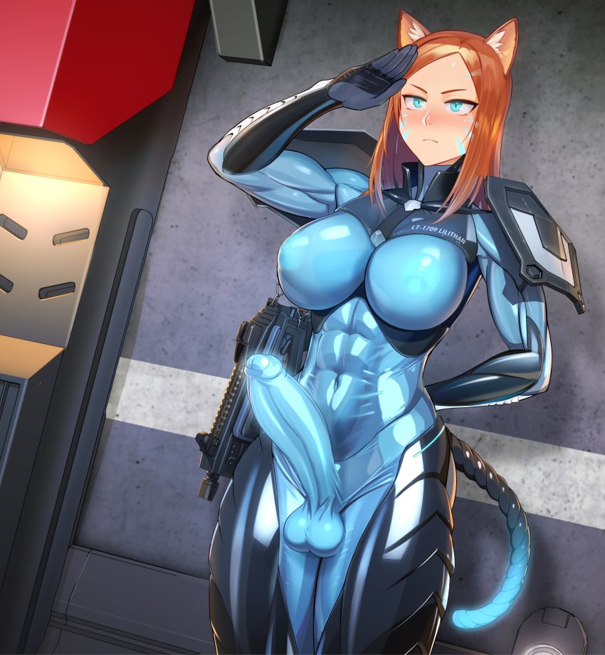 1futa 2022 abs animal_ears areolae areolae_visible_through_clothing armor big_breasts big_penis blue_eyes blush bodysuit breasts catgirl clothed clothing clothing_skin emotionless erection facepaint fully_clothed futa_only futanari gun hand_behind_back humanoid humanoid_penis impossible_clothes kemonomimi large_ass large_breasts large_penis light-skinned_futanari light_skin lilithan muscular muscular_arms muscular_futanari nipples nisetanaka nisetanaqa orange_hair partially_retracted_foreskin salute see-through shoulder_pads solo standing tail thick_thighs toned uncut weapon wide_hips