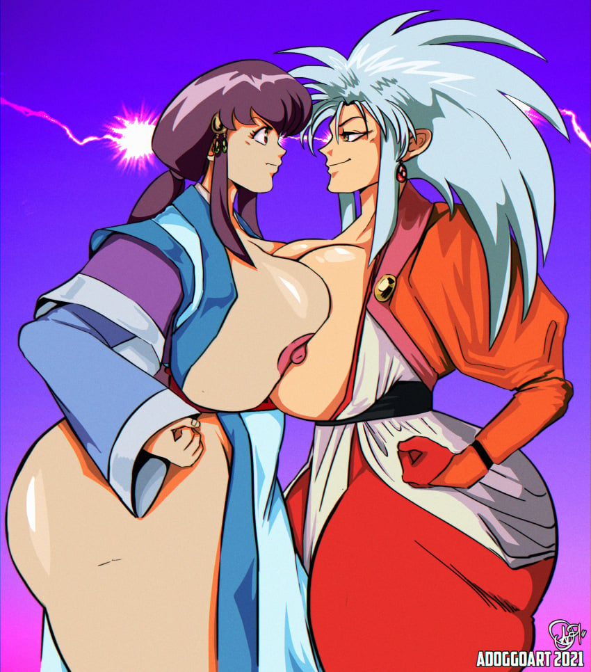 2021 2girls adoggoart alien_girl ayeka_masaki_jurai blue_hair clenched_fist frowning large_ass large_breasts light-skinned_female long_ears looking_at_another multiple_girls on_model partially_clothed pink_nipples purple_hair ryoko_hakubi secretly_loves_it tanned_skin tenchi_muyo!