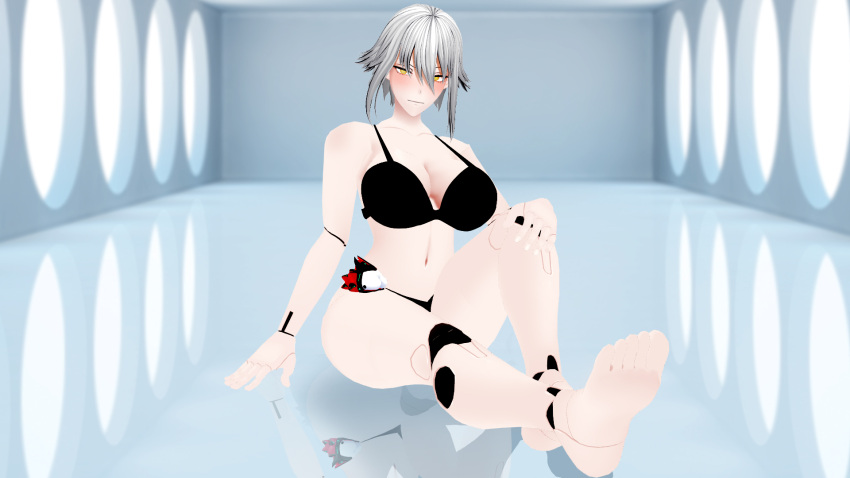 1girls 3d big_ass big_breasts cybernetics feet female_only hand_on_knee looking_at_viewer official official_art pale-skinned_female pose reflection reflective_floor silver_hair thick_thighs virtual_youtuber vshojo yellow_eyes zentreya zentreya_(cyborg)