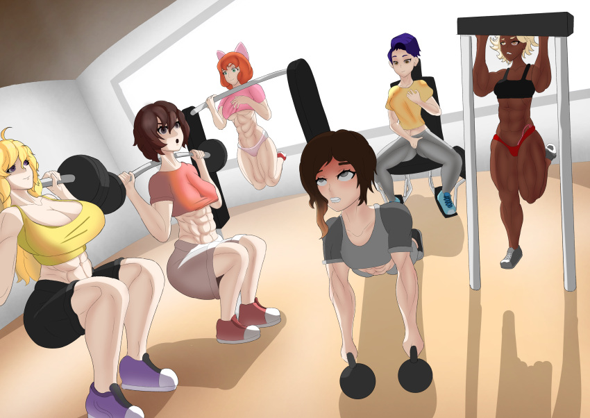 6girls abs arslan_altan blonde_hair brown_hair coco_adel gym lavender_eyes masturbation multiple_girls muscular_female nebula_violette neph_lucis_(artist) orange_hair penny_polendina purple_hair red_hair ruby_rose rwby silver_eyes yang_xiao_long