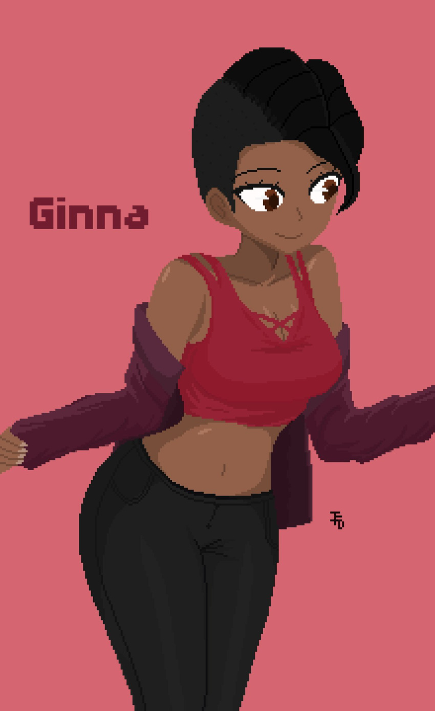 1girls ass ass big_ass big_breasts black_hair brown_eyes dark-skinned_female dark_skin female female female_focus female_only pixel_art pixelated red_background short_hair short_top simple_background solo solo_female solo_focus thejduck thick_thighs thighs tomboy very_short_hair waist