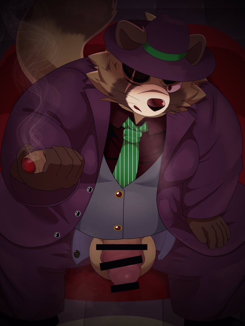 2022 anthro balls belly big_belly brown_body canid canine censored clothing fur genitals hat headgear headwear hi_res hisashiyo_0705 humanoid_hands kemono male mammal necktie one_eye_closed overweight overweight_male penis raccoon_dog scar sitting smoking solo suit tanuki