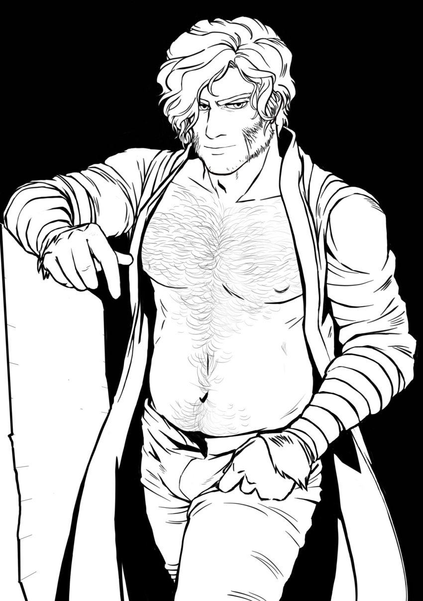 alfred_(bloodborne) bare_chest bloodborne body_hair bulge chest_hair coat facial_hair fromsoftware hairy happy_trail male male_only monochrome open_jacket open_shirt sideburns slightly_chubby smirk solo vicarviscera