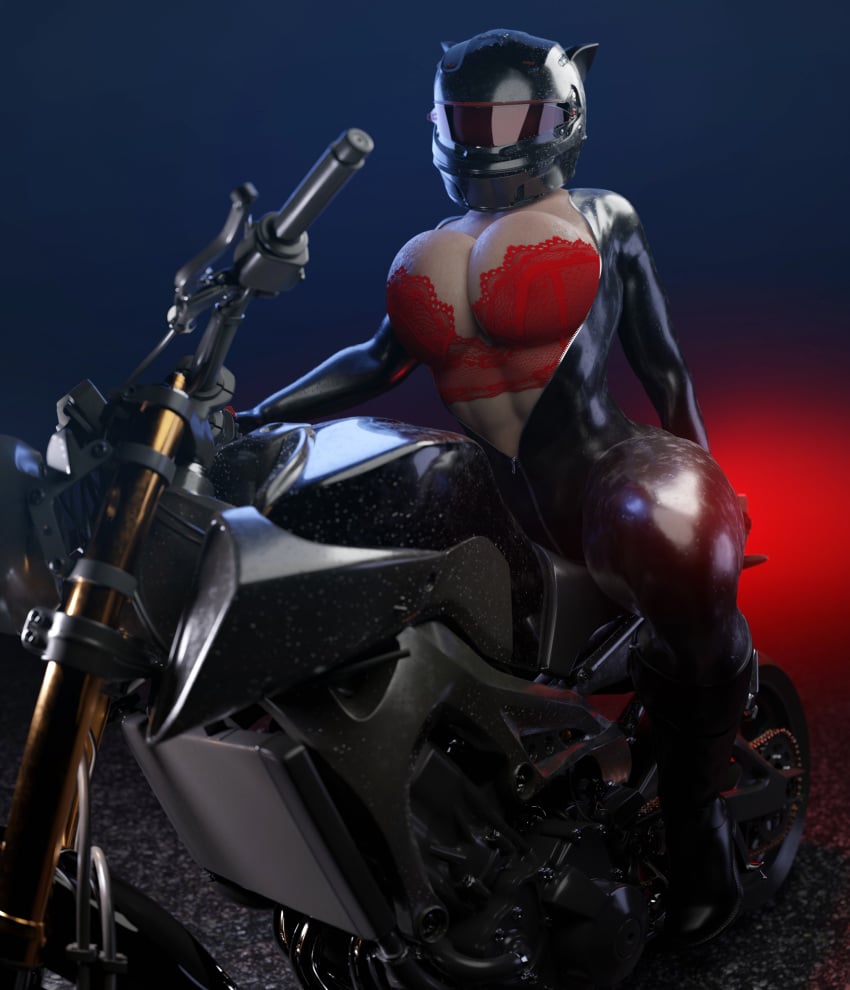 1girls 3d 3d_(artwork) abs batesz batman_(series) big_breasts bodysuit bra catwoman catwoman_(injustice) cleavage dc dc_comics female female_only injustice_2 motorcycle motorcycle_helmet open_bodysuit selina_kyle solo