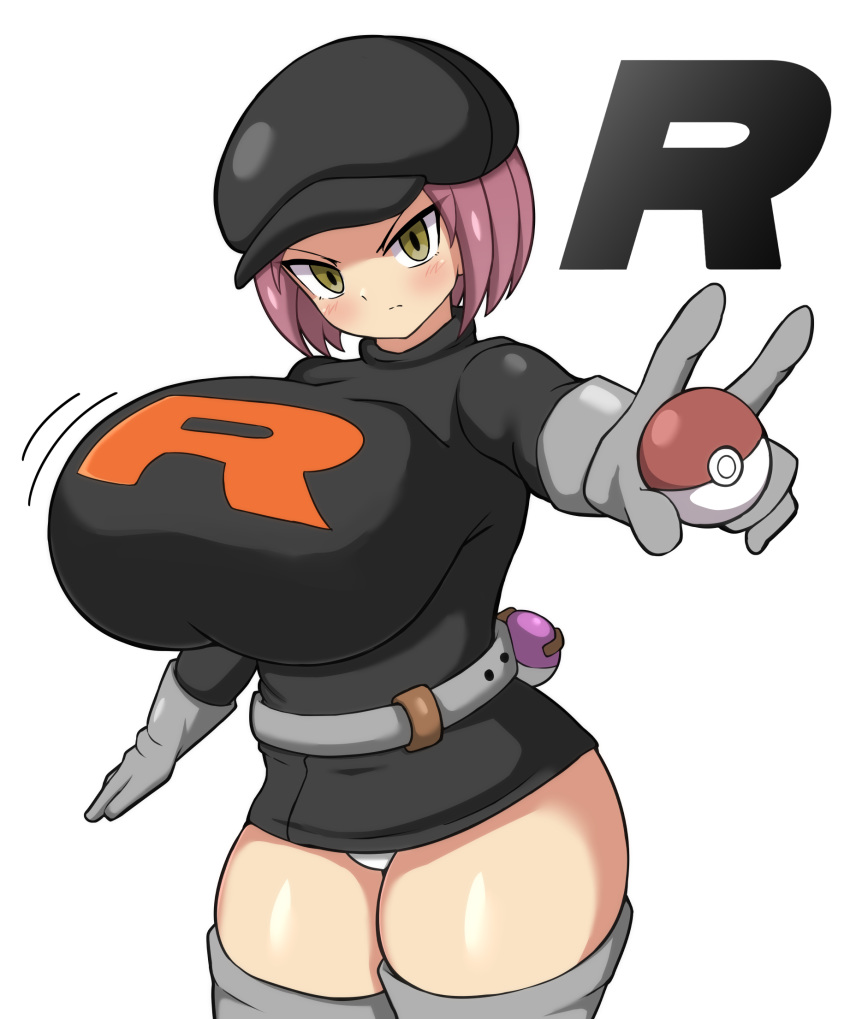 1girls belt black_dress black_hat black_headwear black_microdress black_minidress blush blushing_at_viewer bob_cut bouncing_breasts breasts brown_eyes brown_eyes_female creatures_(company) curvaceous dress enormous_breasts feet_out_of_frame female_only fully_clothed game_freak gloves grey_gloves grey_legwear grey_thighhighs highres holding_poke_ball huge_breasts impossible_clothes jaga334 legwear looking_at_viewer massive_breasts microdress minidress motion_lines nintendo out_of_frame panties pantyshot pantyshot_(standing) pink_hair pink_hair_female plain_background poke_ball pokemon simple_background single_letter solo solo_female standing team_rocket team_rocket_grunt team_rocket_grunt_(female) team_rocket_uniform thick_thighs thighhighs tight_clothing tight_dress tight_microdress tight_minidress top_heavy_breasts underwear v-shaped_eyebrows voluptuous voluptuous_female white_background white_panties white_underwear wide_hips