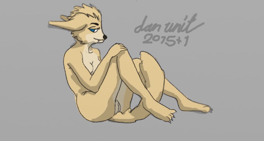 anthro blue_eyes canid canine covering covering_breasts dan_unit ears_back female fennec fox genitals mammal matthews(razumi) narrowed_eyes nude pivoted_ears presenting presenting_pussy pussy sitting small_(disambiguation) smile solo tail_between_legs