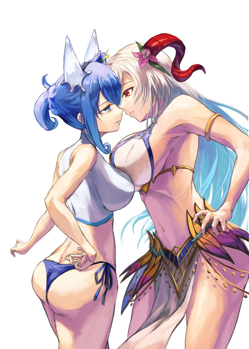 2girls absurdres after_kiss alternate_costume animal_ears armband armlet ass ass_cleavage assertive_female asymmetrical_docking bangs bare_shoulders big_ass bikini blue_bikini blue_eyes blue_hair blue_swimsuit breast_press breasts butt_crack cleavage cleavage_cutout clothing_cutout colored_inner_hair commission curled_horns eye_contact female female_only fire_emblem fire_emblem_heroes flower flower_necklace food freyja_(fire_emblem) freyja_(summer)_(fire_emblem) goat_horns grey_hair hair_ornament hand_on_hip highres horns ice ice_cream ice_horns juunishi_aya large_breasts long_hair looking_at_another medium_breasts midriff multicolored_hair multiple_girls navel nifl_(fire_emblem) nifl_(summer)_(fire_emblem) nintendo non-web_source official_alternate_costume official_alternate_hairstyle open_mouth pelvic_curtain ponytail red_eyes red_horns short_hair side-tie_bikini size_difference stare_down swimsuit thighs thorns transparent_background two-tone_bikini two-tone_swimsuit white_bikini white_hair white_swimsuit