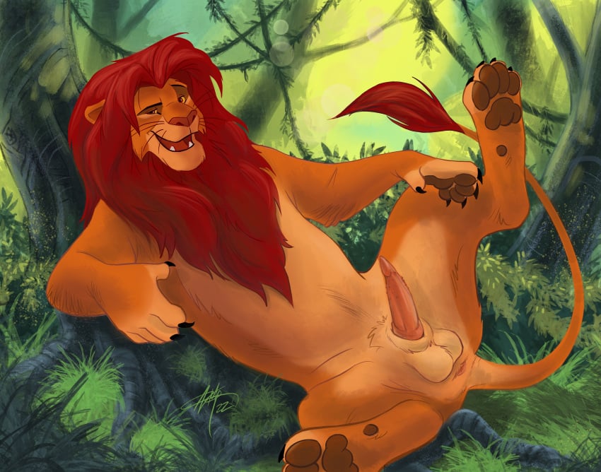 absurd_res aerosaur83 animal_genitalia animal_penis anus balls claws detailed_background disney erection felid feline_penis feral genitals hi_res hindpaw lion looking_at_viewer lying male mammal on_back open_mouth outside pantherine pawpads paws penis simba solo spread_legs spreading the_lion_king