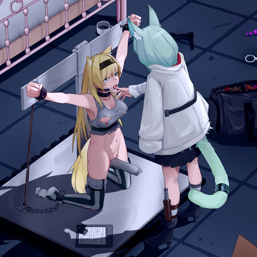 2girls absurdres animal_ear_fluff animal_ears aqua_hair arknights bag bangs black_hairband blonde_hair bondage bottomless bound bound_wrists cat_ears cat_girl cat_tail chains fence finger_to_mouth free_use gag hairband harmonie_(arknights) highres hood hoodie horn_(arknights) long_hair looking_at_another multiple_girls nipples pillory public public_use pussy_juice questionable_consent restrained ring_gag sex_toy shirt short_hair tail tears tongue torn_clothes torn_shirt very_long_hair wewlife white_hoodie wolf_ears wolf_girl wolf_tail wooden_horse yuri