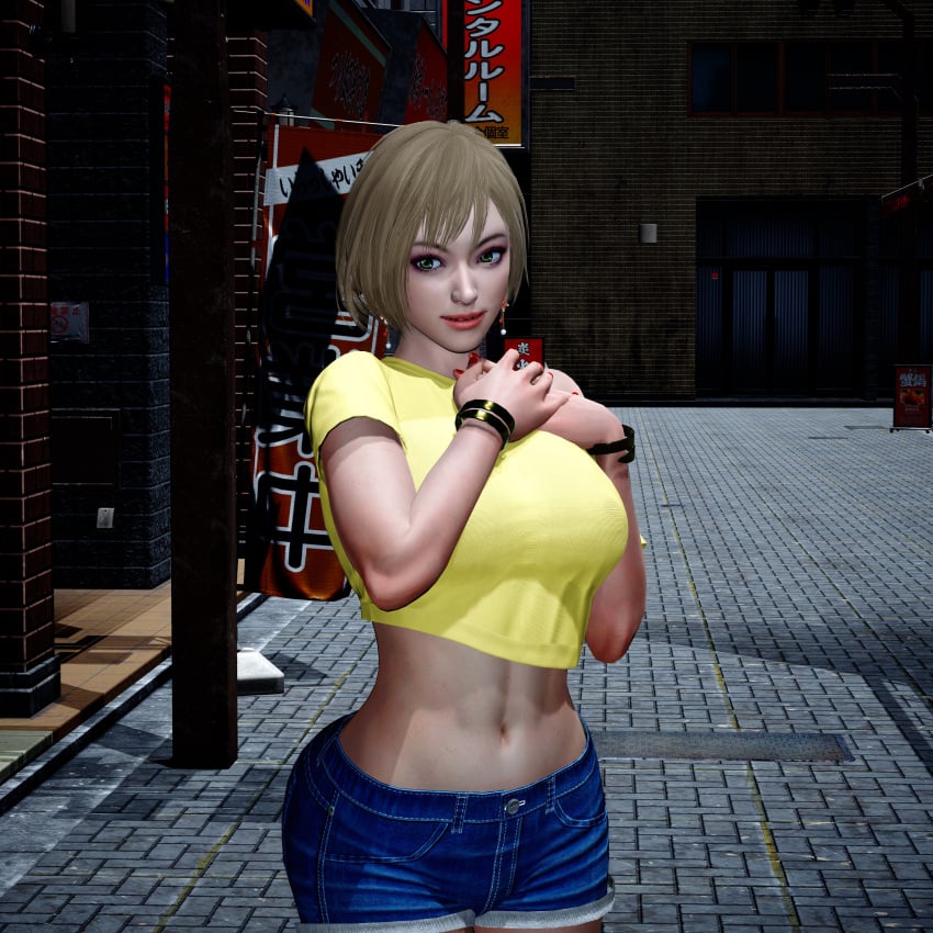 1girls 3d abs alternate_hair_color alternate_timeline alternative_universe asian asian_female big_breasts bob_cut bracelet city city_background crop_top curvy denim denim_shorts dynasty_warriors earrings green_eyes hands_on_own_chest hi_res high_resolution highres large_breasts light_brown_hair luna_tilmitt midriff midriff_baring_shirt modern_setting navel nipple_bulge short_hair smile sun_shang_xiang thick_ass tomboy yellow_shirt