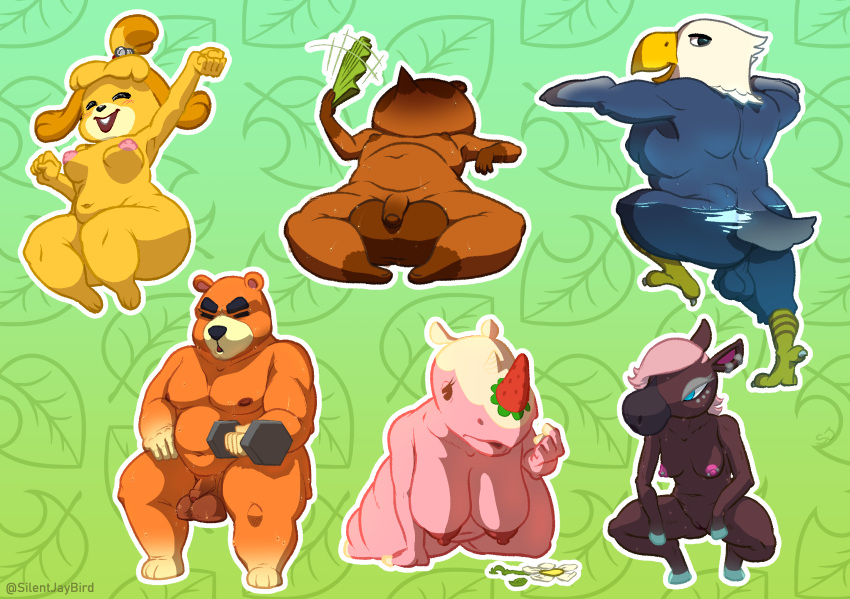 accipitrid accipitriform all_fours animal_crossing anthro apollo_(animal_crossing) ass avian balls belly big_balls big_breasts bird bodily_fluids breasts canid canine dumbbell eagle equid equine exercise female flower genitals group hi_res horse isabelle_(animal_crossing) looking_back male mammal merengue_(animal_crossing) musclegut muscular nintendo nipple_piercing nipples nude overweight penis piercing plant pussy raccoon_dog reneigh_(animal_crossing) rhinocerotoid silentjay sweat tanuki teddy_(animal_crossing) thick_thighs tom_nook ursid video_games weightlifting weights workout