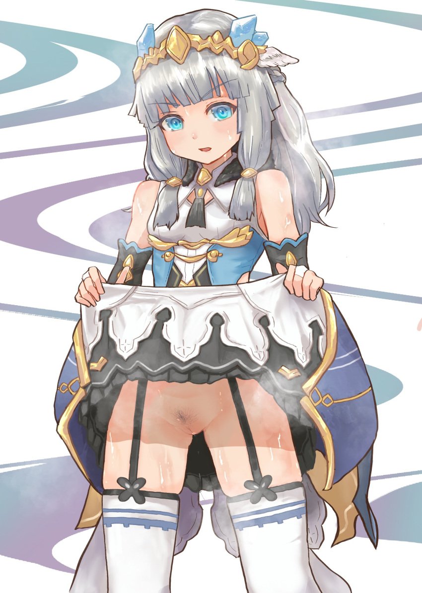 absurdres ass_visible_through_thighs bangs bare_shoulders beatrice_(rune_factory) black_garter_straps blue_eyes blush breasts bridal_gauntlets cleft_of_venus clothes_lift commentary_request cowboy_shot detached_sleeves dress dress_lift female female_pubic_hair garter_straps grey_hair highres lifted_by_self long_hair looking_at_viewer no_panties parted_lips pasheri pubic_hair pussy rune_factory rune_factory_5 simple_background small_breasts solo sweat sweating_profusely thighhighs white_thighhighs