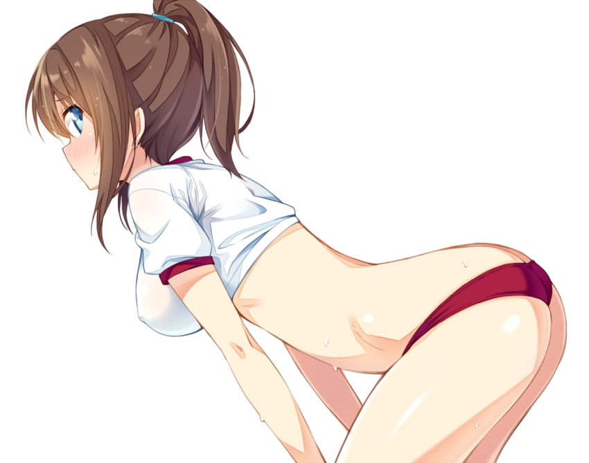 ass ass_cleavage bent_over blue_eyes blush breasts brown_hair buruma butt_crack commentary_request crop_top female from_side gym_uniform hands_on_own_thighs hanging_breasts kazuma_(kazumav) large_breasts long_hair lowleg lowleg_buruma midriff original ponytail shirt solo