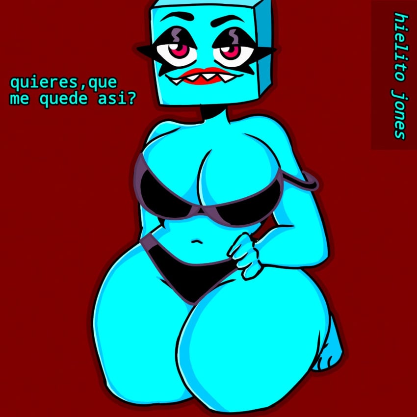 black_bra black_panties cyan_body female geometry_dash hielera_(hielerajones) hielera_jones red_eyes red_lipstick spanish_text tagme