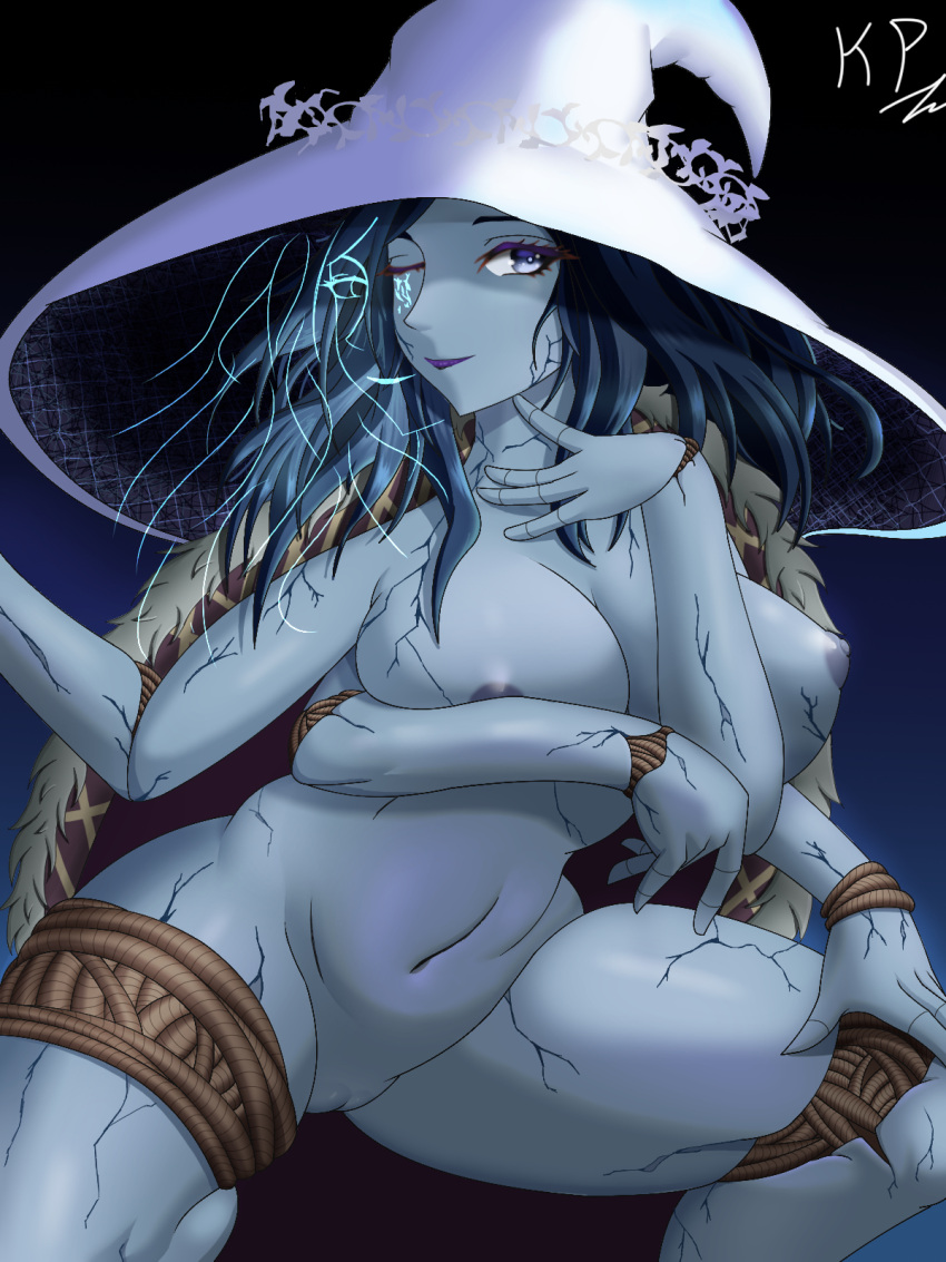 1girls 4_arms areolae big_breasts blue_eyes blue_hair blue_skin breasts completely_nude completely_nude_female elden_ring female female_only fromsoftware hair hat headwear huge_breasts katopan lips multi_arm multi_limb naked naked_female nipples nude nude_female one_eye_closed ranni_the_witch smile solo solo_female squatting thick_thighs thighs witch_hat