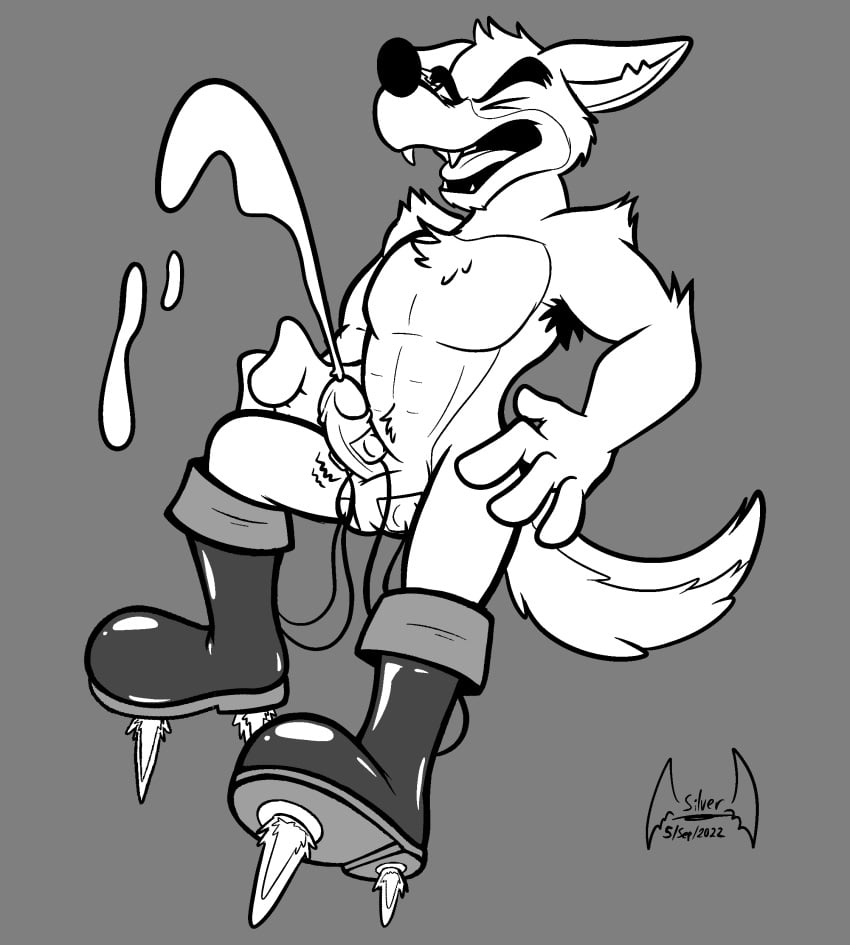 absurd_res anthro boots canid canine canis clothing disney don_karnage ejaculation electrostimulation flying footwear genitals hi_res male male_only mammal orgasm penis rocket_boots solo soul-silver-dragon talespin wolf