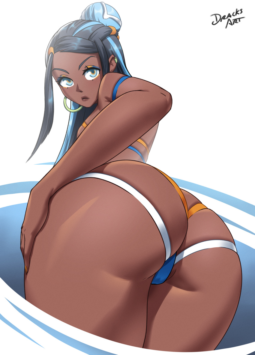 1girls 2022 ass ass_focus breasts dark-skinned_female dark_skin dracksart eyebrows female female_focus female_only hair_bun hand_on_own_thigh hand_on_thigh looking_at_viewer looking_back nessa_(pokemon) nintendo pokemon pokemon_ss simple_background solo solo_female thick_thighs thighs white_background