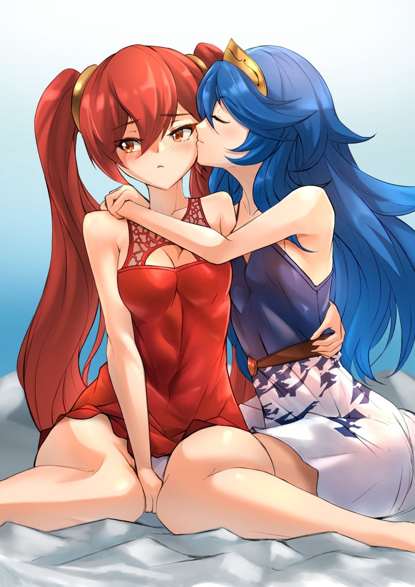 2girls blue_hair blush breasts deekei embarrassed female female_only fire_emblem fire_emblem_awakening hug kissing kissing_cheek long_hair lucina_(fire_emblem) medium_breasts multiple_girls nintendo panties pantyshot pantyshot_(sitting) red_eyes red_hair severa_(fire_emblem) sitting small_breasts tiara twintails upskirt white_panties wholesome yuri