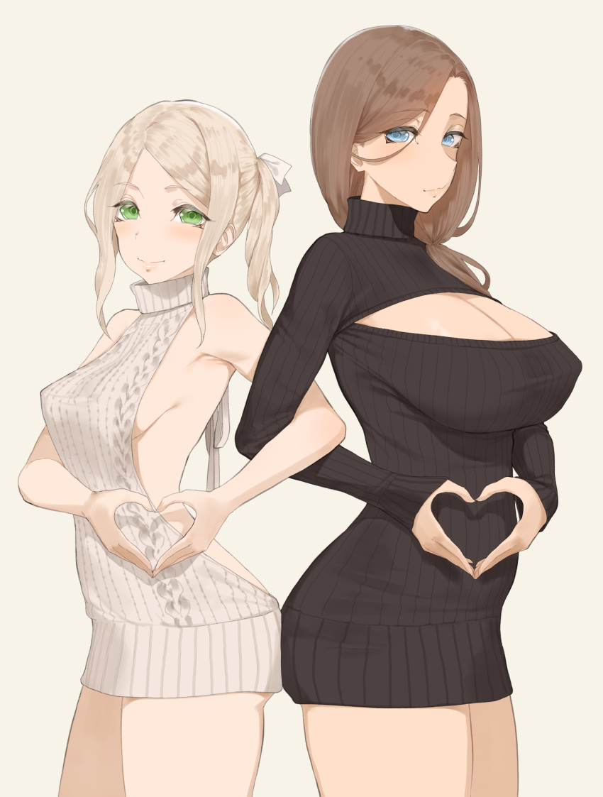 2girls ass-to-ass ass_to_ass backless_outfit black_sweater blonde_hair blue_eyes breasts brown_hair cleavage cleavage_cutout closed_mouth clothing_cutout female female_only from_side green_eyes grey_background hair_between_eyes hair_over_shoulder hair_ribbon heart heart_hands highres large_breasts locked_arms long_hair looking_at_viewer looking_to_the_side medium_breasts meme_attire multiple_girls original paid_reward_available ponytail ribbon sidelocks simple_background smile standing sweater throtem turtleneck turtleneck_sweater virgin_killer_sweater white_ribbon white_sweater