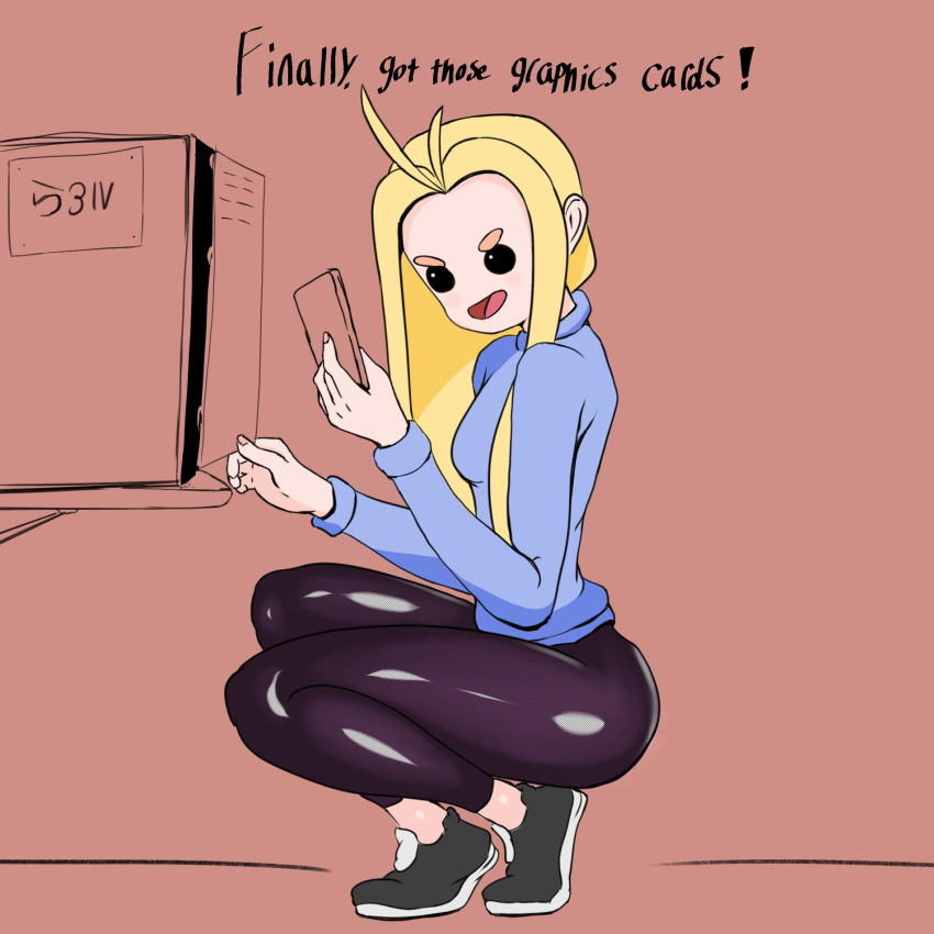 black_eyes blonde_hair caption dialogue freesphinx huge_ass large_ass leggings long_hair milf open_mouth savannahxyz simple_background smile sneakers squatting sweater tights youtube youtuber