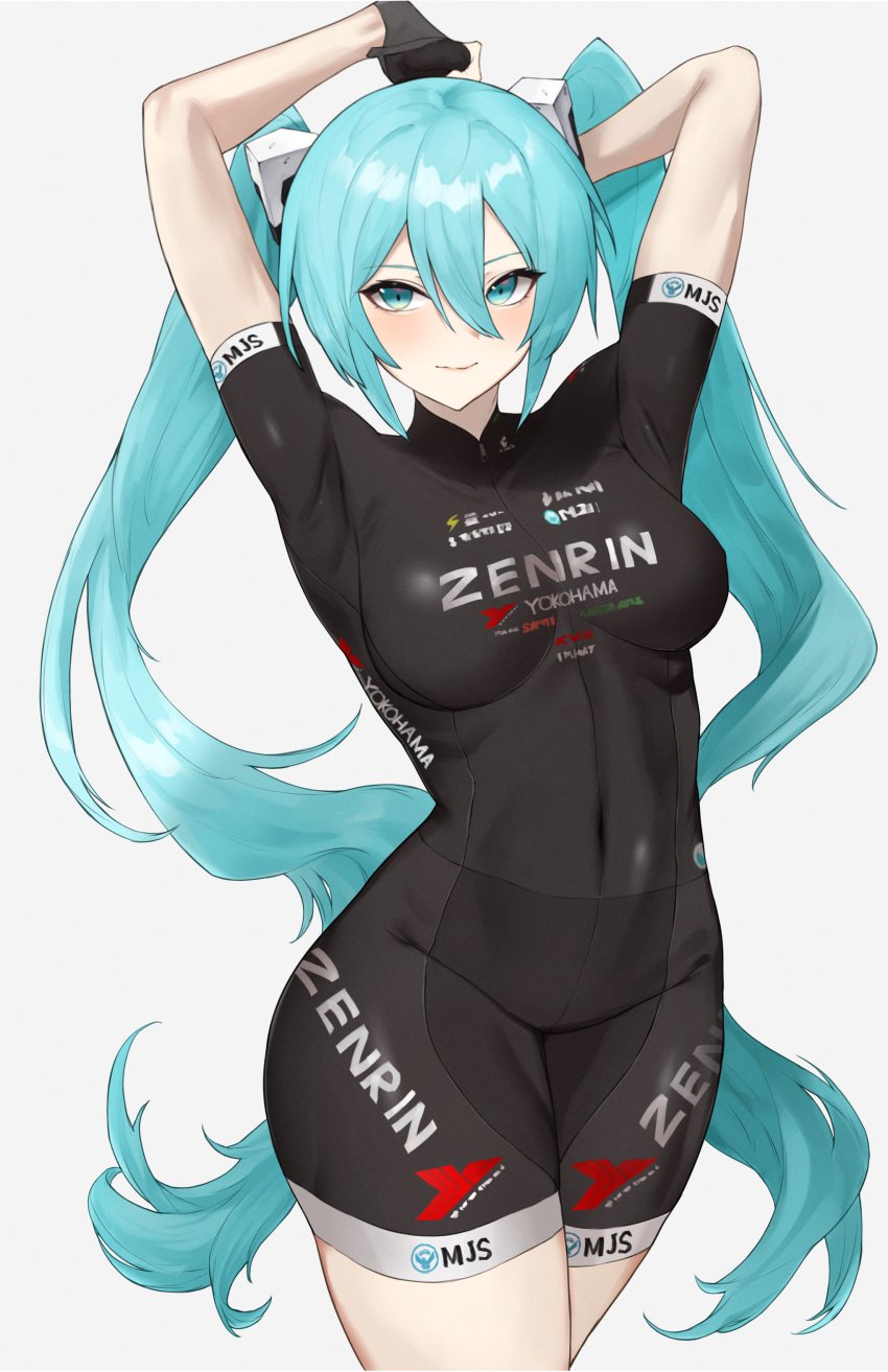 1girls 2022 aqua_eyes aqua_hair arms_up breasts female female_only fully_clothed hatsune_miku hi_res hips kataku_musou light-skinned_female light_skin long_hair looking_at_viewer medium_breasts racing_miku racing_suit slim_waist sponsor text text_on_clothing tight_clothing twintails vocaloid wide_hips