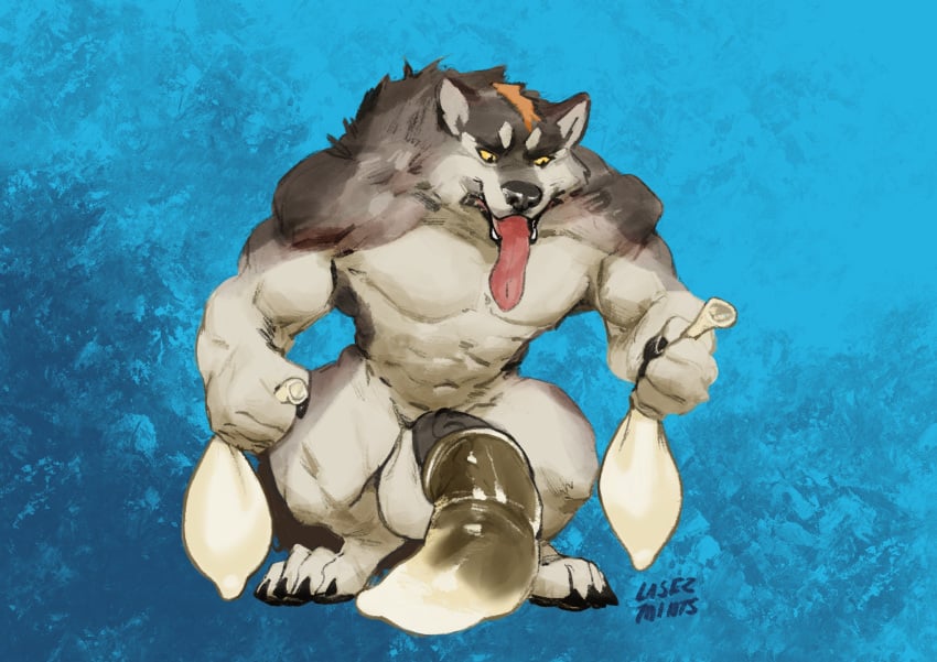 2022 anthro balls bfw big_balls big_penis biped black_penis blue_background canid canine canis claws condom digital_media_(artwork) digitigrade domestic_dog filled_condom fur genitals grey_body grey_fur hair hi_res holding_condom holding_object huge_balls huge_cock husky hyper hyper_genitalia hyper_penis laser_(artist) long_tongue male male_only mammal muscular muscular_anthro muscular_male nordic_sled_dog orange_hair penis sexual_barrier_device simple_background solo spitz toe_claws tongue tongue_out wearing_condom white_body white_fur yellow_eyes