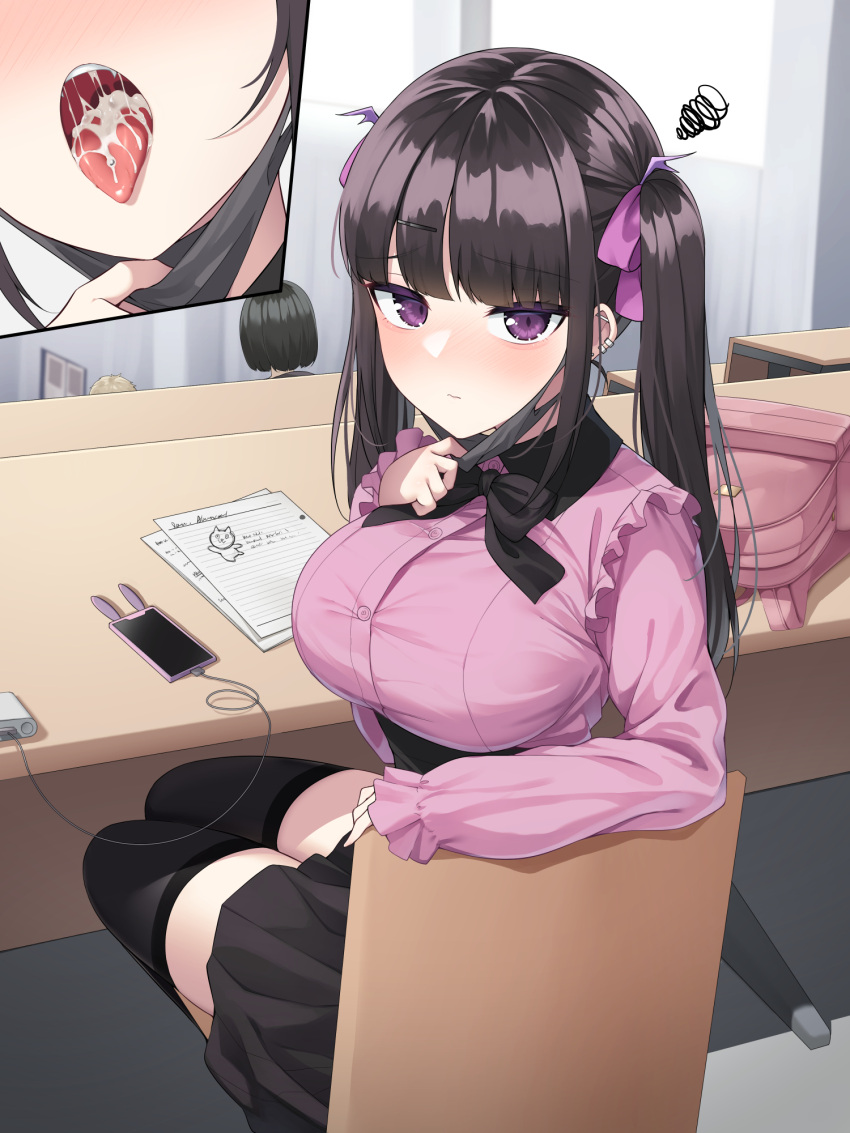 after_fellatio backpack bag big_breasts black_hair breasts cellphone chair classroom cum cum_in_mouth dress_shirt female female_only frilled_sleeves frills highres large_breasts long_hair long_sleeves looking_at_viewer menbou_(menbow3v) multiple_views original phone pink_shirt pleated_skirt purple_eyes shirt sitting skirt solo_focus squiggle thighhighs twintails