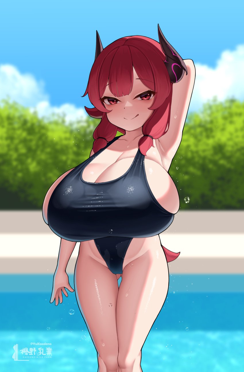 1girls 2022 breasts female female_only goat-chan_(enarane) horns huge_breasts kaedeno_yuu light-skinned_female light_skin looking_at_viewer naughty_face one-piece_swimsuit original original_character outdoors pool red_eyes red_hair shortstack solo someone_else's_oc swimsuit