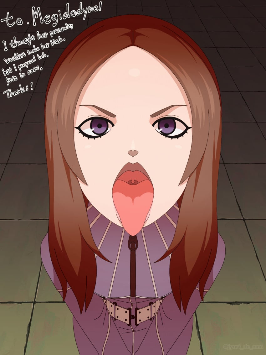 angry animated blue_eyes brown_hair bukkake chiaki_tachibana clothed cum cum_eating cum_in_mouth cum_on_face cum_on_hair cum_on_tongue cum_swallow cumshot facial female fully_clothed jyuri_de_oma looking_at_viewer megami_tensei semen semen_in_mouth semen_on_hair shin_megami_tensei shin_megami_tensei_iii:_nocturne skeb_commission