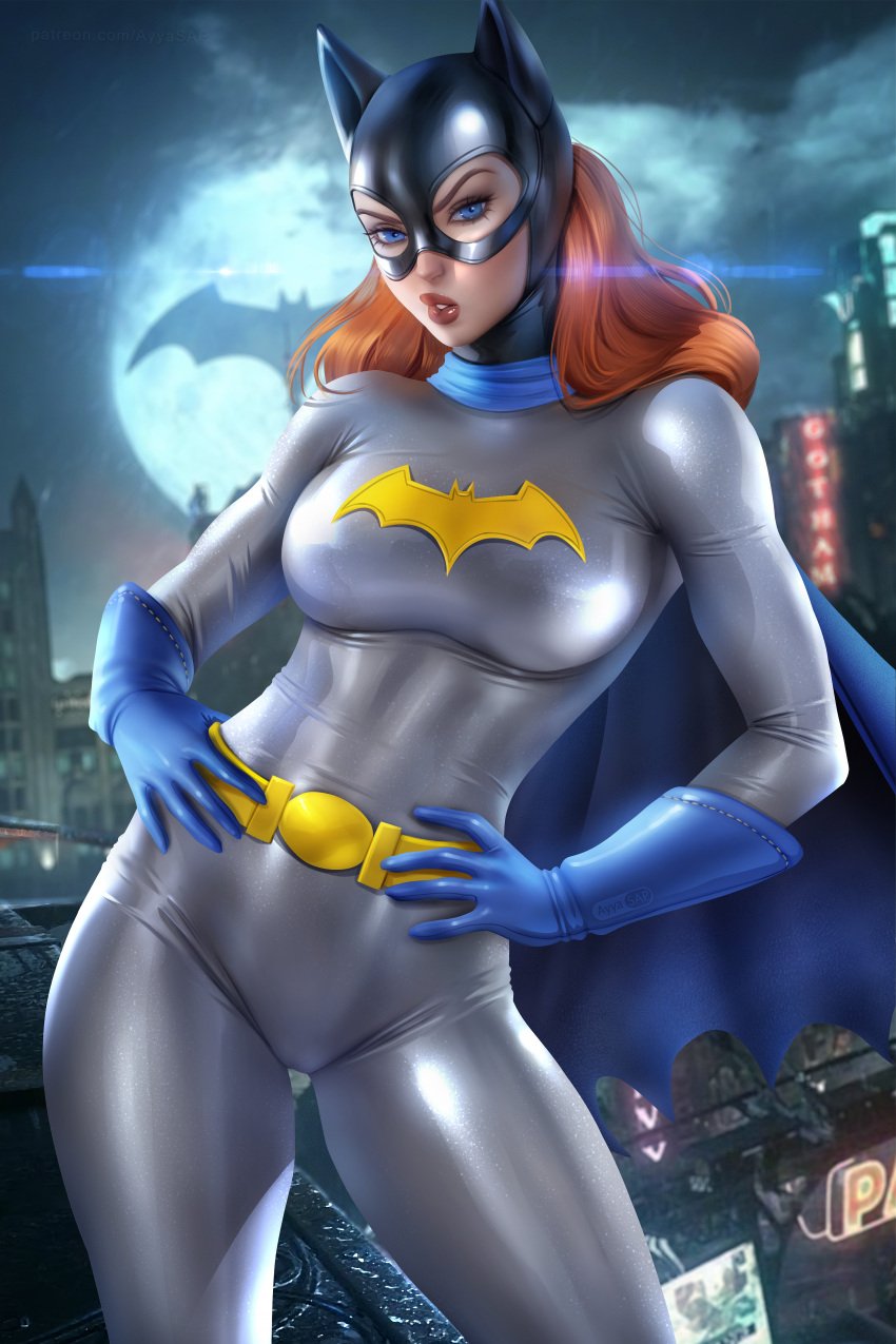 1girls arm_gloves ayyasap barbara_gordon bat_signal batgirl big_ass big_breasts blue_eyes bodysuit cape crotch dc dc_comics grey_clothing hands_on_hips large_breasts looking_at_viewer mask night_sky red_hair rooftop shiny_clothes slim_waist standing superheroine thick_thighs