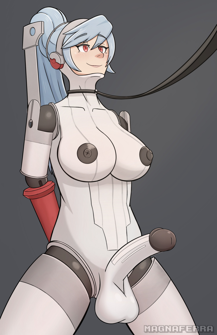 1futa areolae balls big_breasts big_penis blue_hair breasts erection futa_only futanari futasub humanoid humanoid_penis labrys leash magna_ferra nipples nude penis persona persona_4_arena red_eyes robot robot_girl self_upload silver_hair smiling_at_partner solo submissive_futa