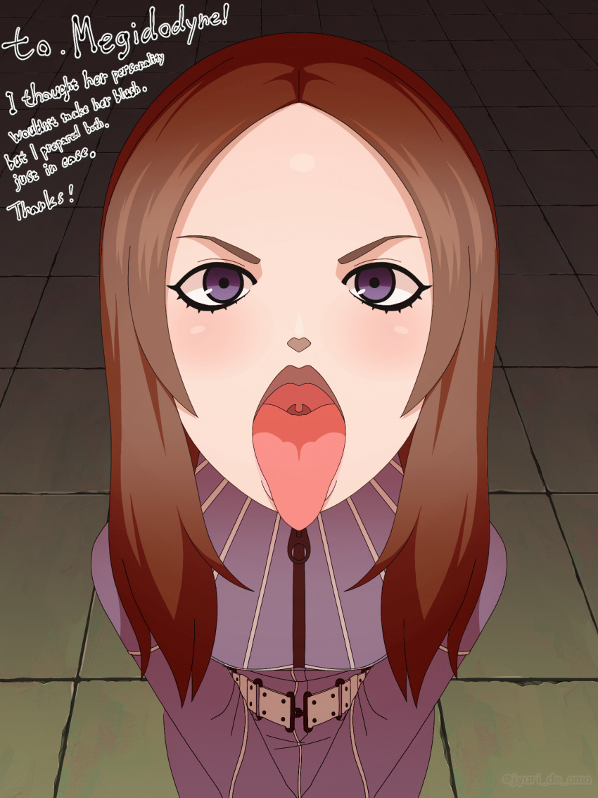 angry animated blue_eyes blush brown_hair bukkake chiaki_tachibana clothed cum cum_eating cum_in_mouth cum_on_face cum_on_hair cum_on_tongue cum_swallow cumshot facial female fully_clothed jyuri_de_oma looking_at_viewer megami_tensei semen semen_in_mouth semen_on_hair shin_megami_tensei shin_megami_tensei_iii:_nocturne skeb_commission