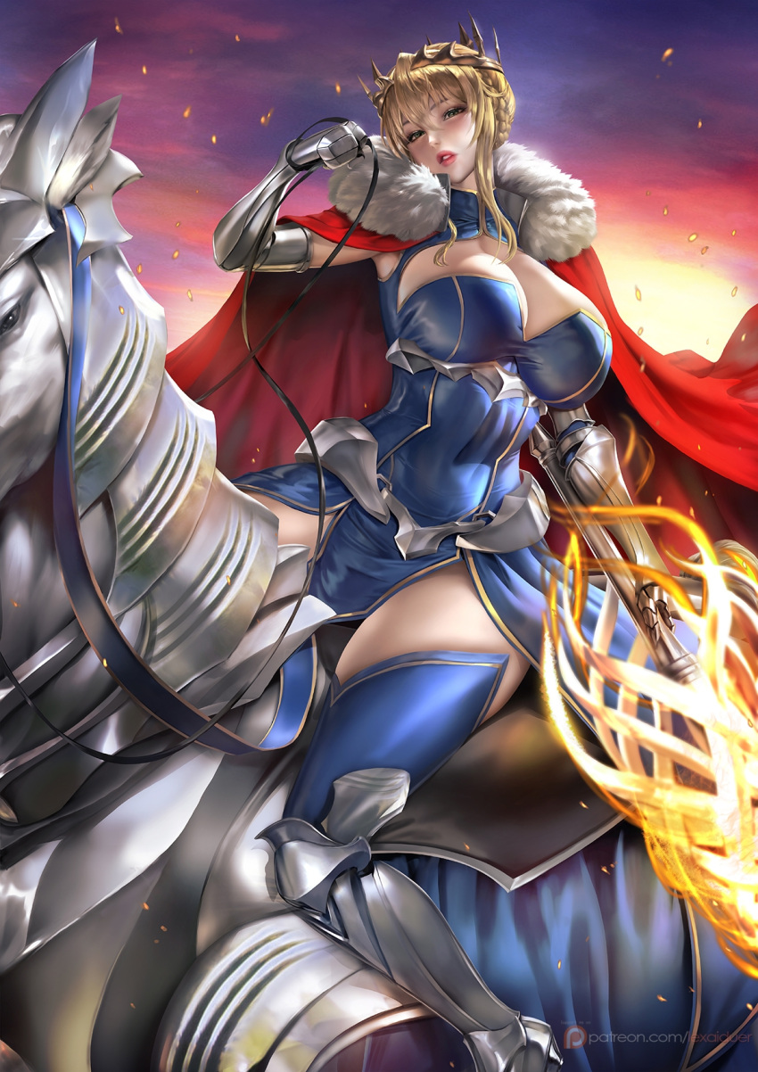 1girls artoria_pendragon artoria_pendragon_(fate) artoria_pendragon_(lancer) artoria_pendragon_(lancer_alter) artoria_pendragon_(swimsuit_ruler) bent_over clothed_female dun_stallion fate/grand_order fate_(series) female female_only high_heels large_breasts lexaiduer long_hair ponytail seductive solo top-down_bottom-up