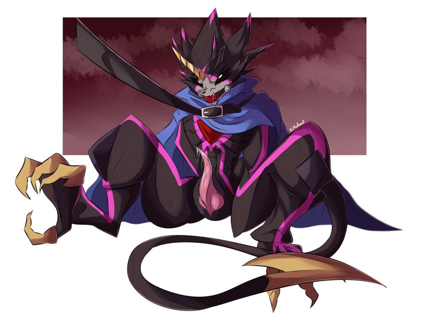 anfani_(artist) angry anthro ball_gag bandai_namco black_body black_sclera bodily_fluids cape claws cloacal_penis clothing collar digimon digimon_(species) digimon_ghost_game erection gag genital_fluids genitals glaring gulusgammamon hi_res leash male penis petplay precum roleplay scalie stinger_tail