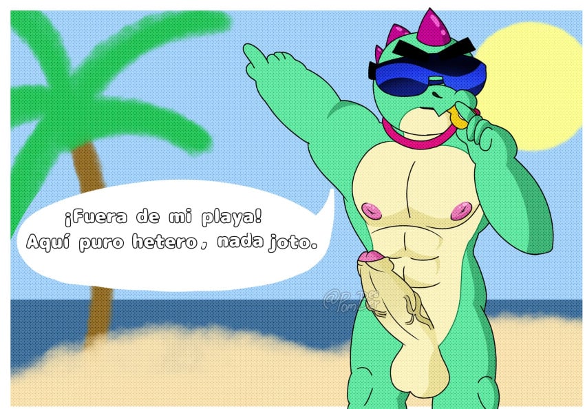 abs anthro beach bisexual brawl_stars buzz_(brawl_stars) cock dinosaur foreskin furry gay humanoid male muscular penis pombeear reptile sea straight sun supercell vein