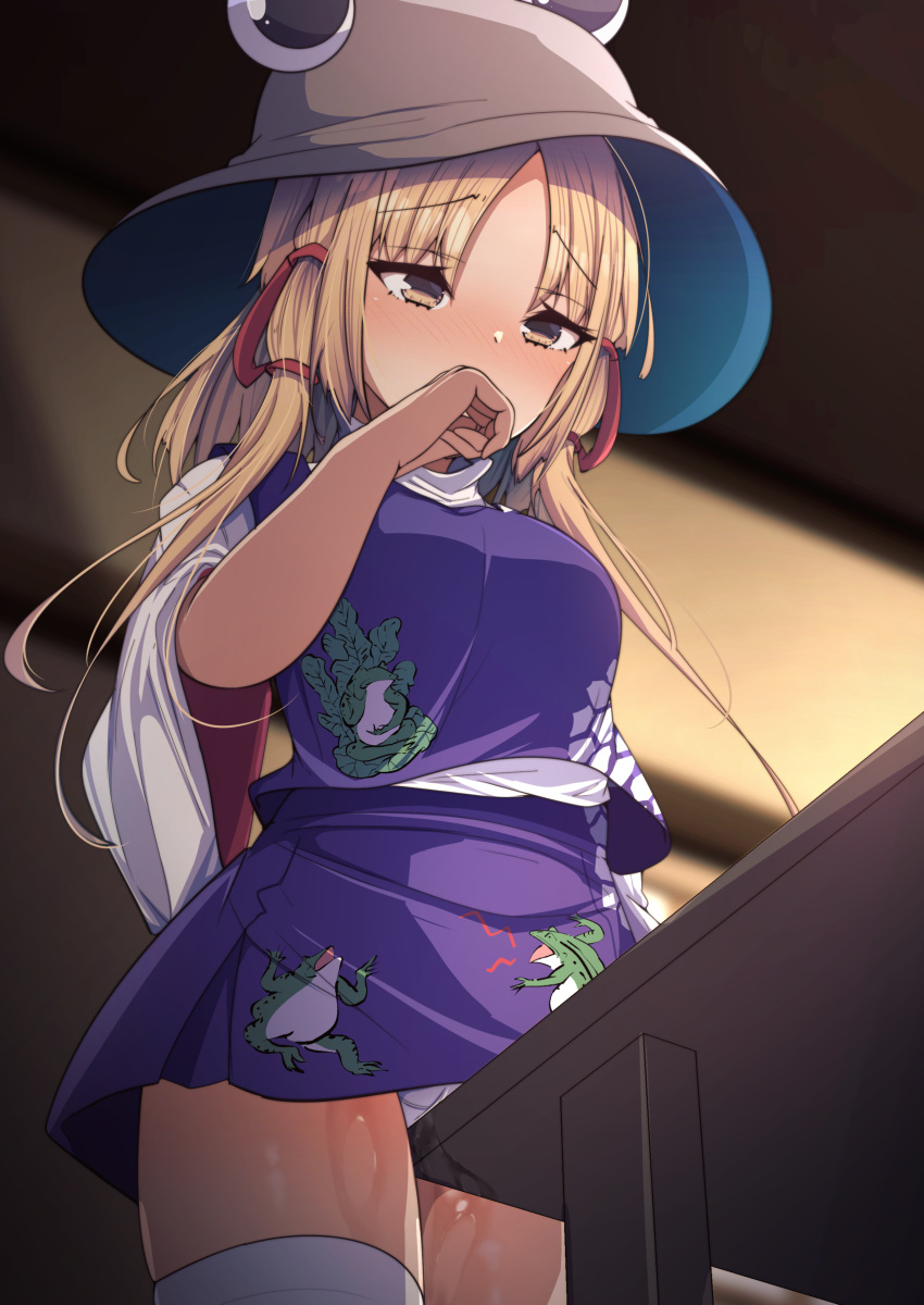 absurdres arm_up blonde_hair blush breasts brown_headwear clothed_masturbation covering_mouth crotch_rub darumoon female female_masturbation female_only hand_to_own_mouth hat highres leaking_pussy long_hair masturbation masturbation_through_clothes miniskirt moriya_suwako panties purple_skirt purple_vest pussy_juice pussy_juice_trail pyonta shirt skirt solo suwako_moriya table table_humping thighs touhou underwear vest white_panties white_shirt wide_sleeves yellow_eyes