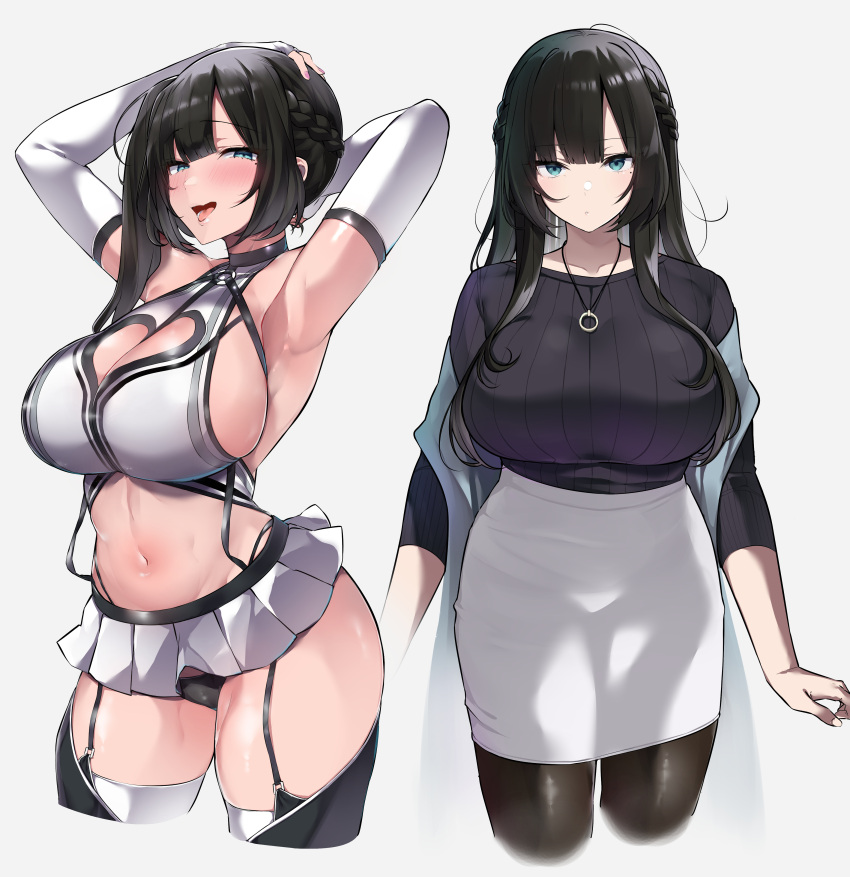 1girls absurdres armpits arms_behind_head arms_up bangs black_hair black_panties black_shirt blue_eyes blush braid breasts brown_legwear cleavage collarbone elbow_gloves fingerless_gloves french_braid garter_straps gloves highres large_breasts long_hair long_sleeves looking_at_viewer miniskirt mitsudoue multiple_views navel open_mouth original panties pantyhose pencil_skirt pleated_skirt ribbed_shirt shawl shirt sideboob sidelocks skirt smile thighhighs thighs tongue tongue_out underwear white_gloves white_legwear white_skirt