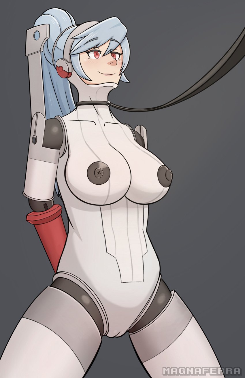 breasts labrys leash magna_ferra persona persona_4_arena red_eyes robot robot_girl silver_hair smiling_at_partner vagina