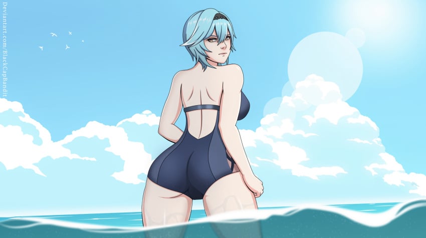 ass beach bikini blackcapbandit blue_hair bodysuit eula_(genshin_impact) genshin_impact thick_thighs