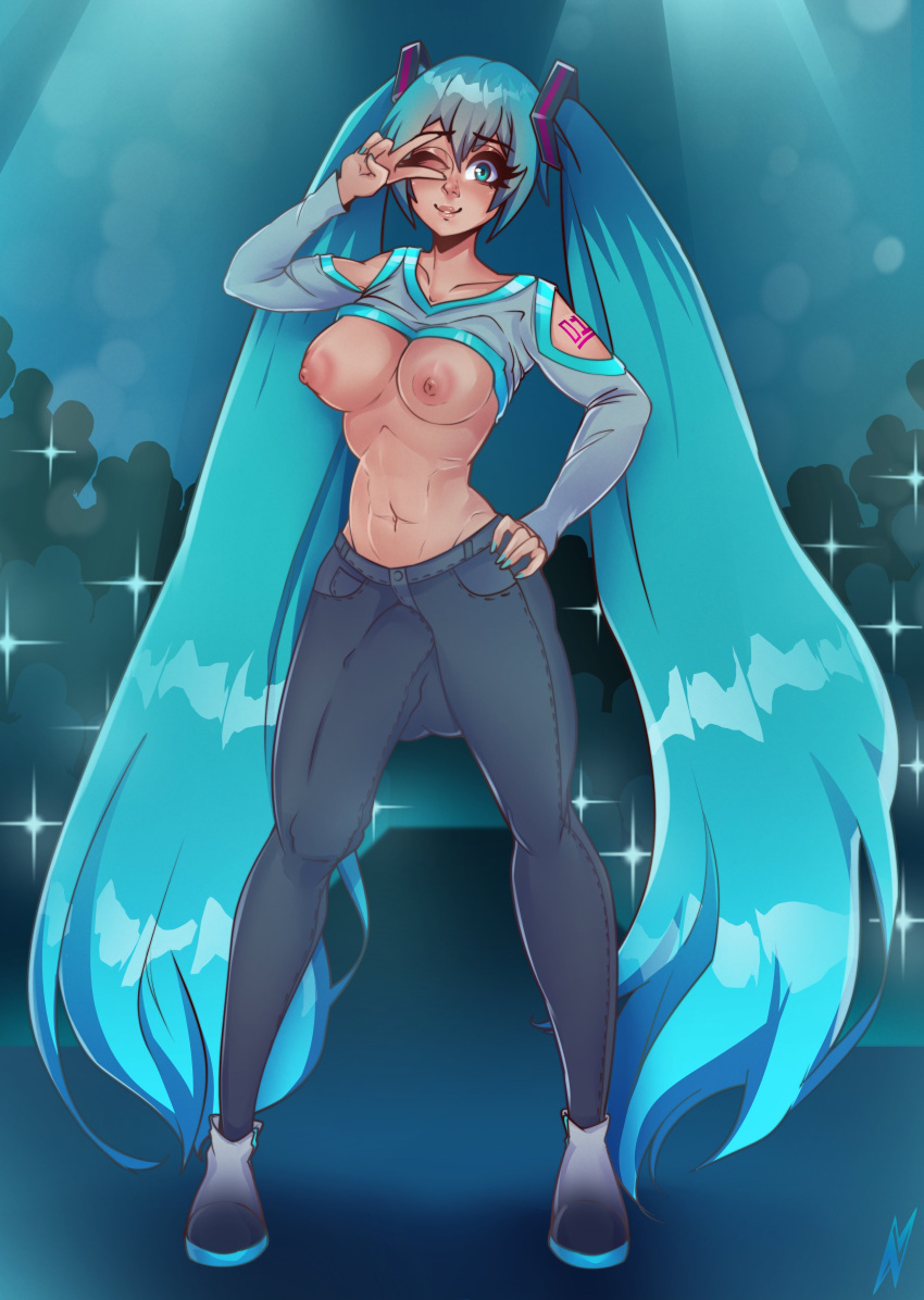 1futa abs areolae balls big_balls big_breasts big_penis blue_eyes blue_hair breasts breasts_out clothed clothing denim denim_bottomwear denim_clothing denim_jeans erection erection_under_clothing futa_only futanari hatsune_miku horsecock huge_cock human human_with_animal_genitalia human_with_horsecock jeans lifted_shirt light-skinned_futanari light_skin long_hair long_penis looking_at_viewer nipples nivelli one_eye_closed pants partially_clothed penis penis_to_the_knees photoshoot public public_exposure shirt_up solo standing tattoo topless twintails very_long_hair vocaloid