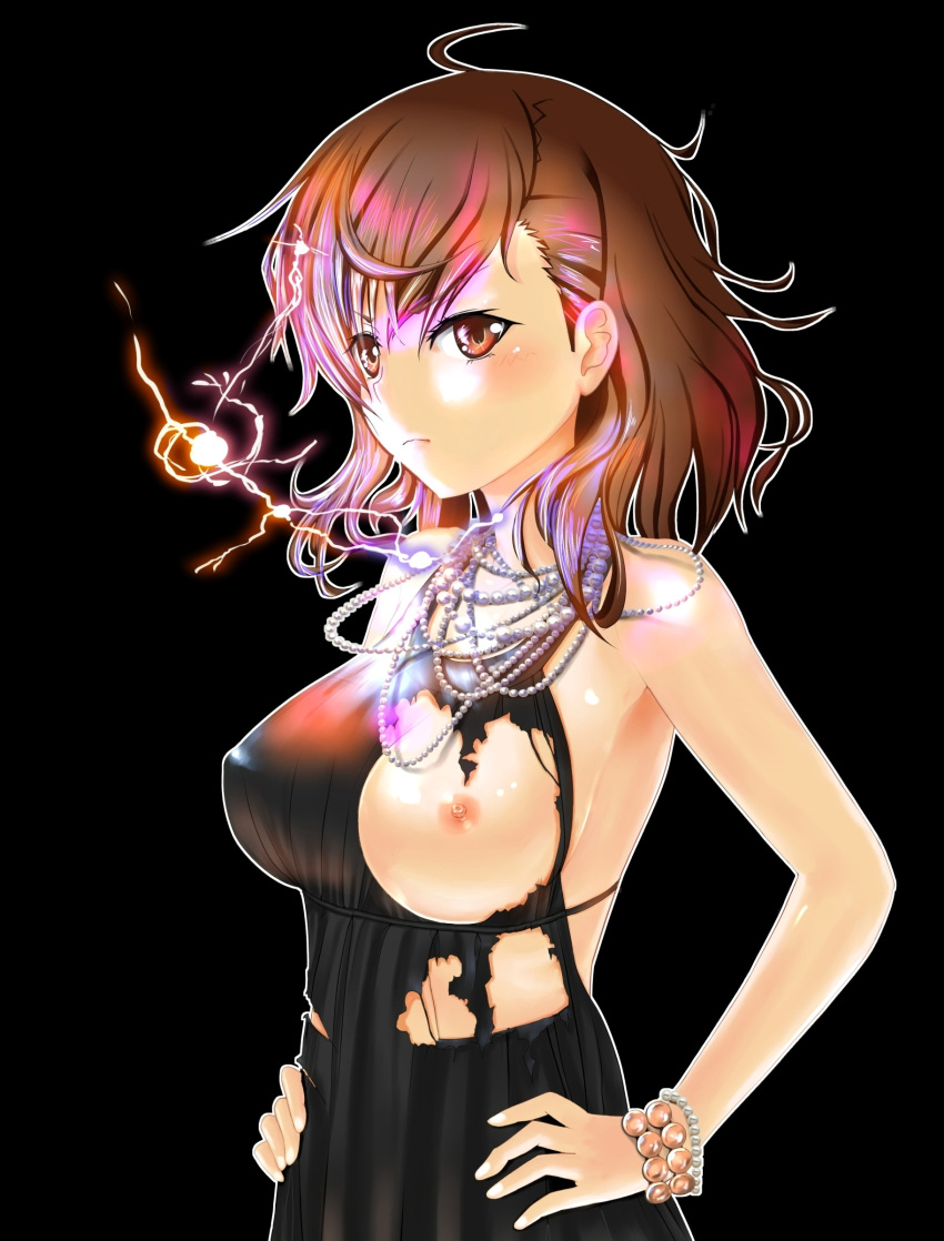 10s 1girls 2012 aged_up areolae armpits bare_shoulders biribiri black_background blush bracelet breast_out breast_outside breast_slip breasts brown_eyes brown_hair brunette dress electricity electrokinesis female hand_on_hip hands_on_hips hi_res hkn_(ringya) jewelry large_breasts looking_at_viewer matching_hair/eyes misaka_mikoto necklace nipples one_breast_out one_breast_out_of_clothes short_hair sleeveless_dress solo standing teenage_girl teenager to_aru_kagaku_no_railgun to_aru_majutsu_no_index torn_clothes upper_body