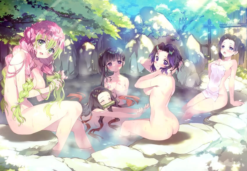 5girls bath bathing big_breasts black_hair blue_eyes blush braided_hair carnelian cleavage completely_nude demon_slayer detailed_background dimples_of_venus female female_only gag green_eyes hi_res kamado_nezuko kanroji_mitsuri kanzaki_aoi_(kimetsu_no_yaiba) kimetsu_no_yaiba kochou_shinobu long_hair looking_at_viewer looking_back medium_breasts mole_under_eye nude onsen outside partially_submerged pink_hair ponytail purple_hair side_ponytail sideboob sitting smile towel tsuyuri_kanao twintails two_tone_hair water wet wet_hair wet_skin